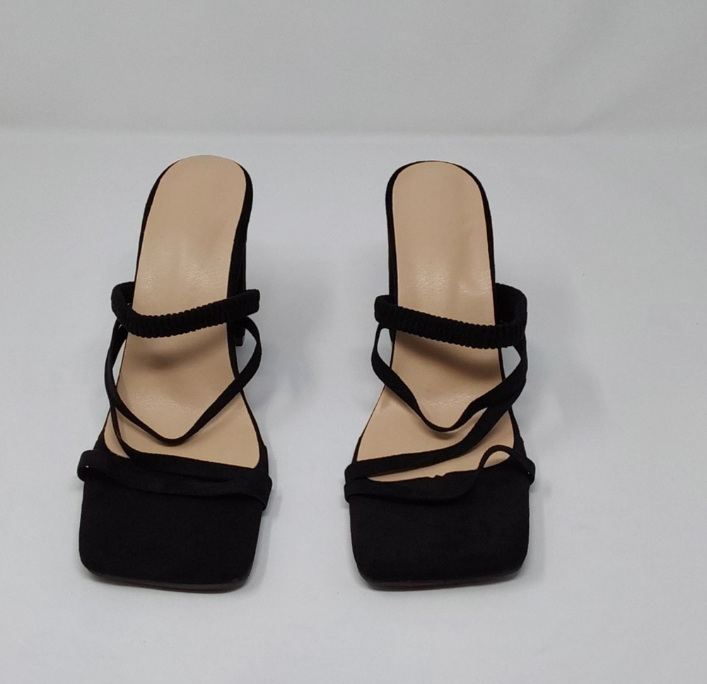 Women’s Black Square Toe Heeled Sandals Strappy Slip On Block Heel Size 38